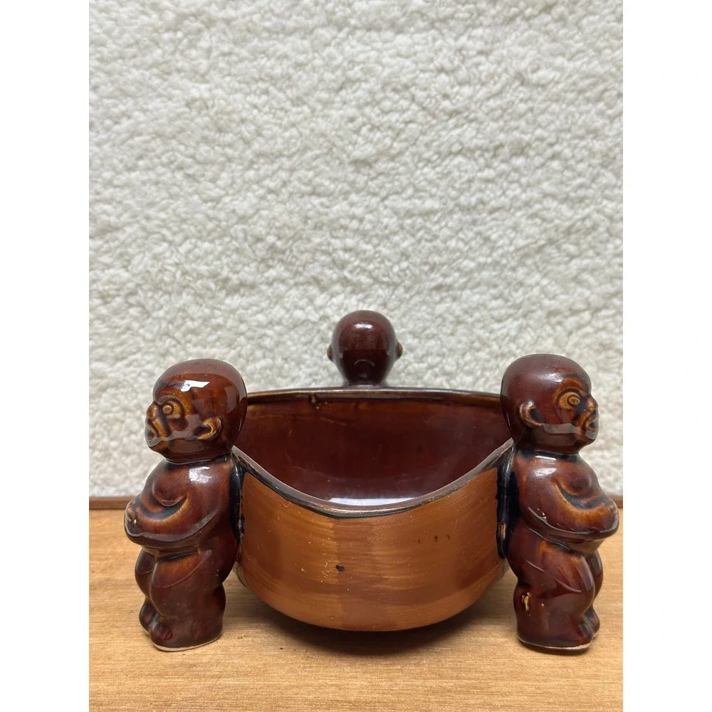 Orchids of Hawaii Tiki Bowl‎ Brown Ceramic Three Figure R-14 Japan Vintage MCM